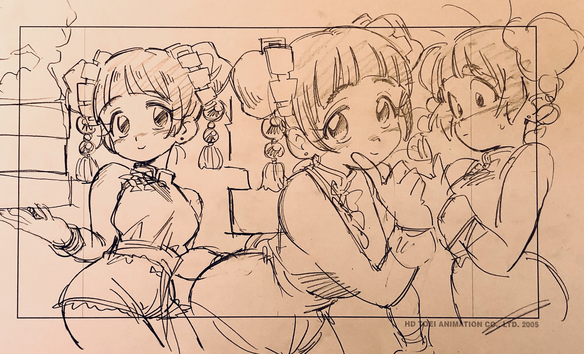 the image is a sketch of three women in traditional chinese clothing, likely qipaos, standing in a row. the woman on the left is facing forward and gesturing with her hand, while the other two are turned towards her and smiling. the style of the drawing is reminiscent of anime or manga, and the line work is loose and expressive.