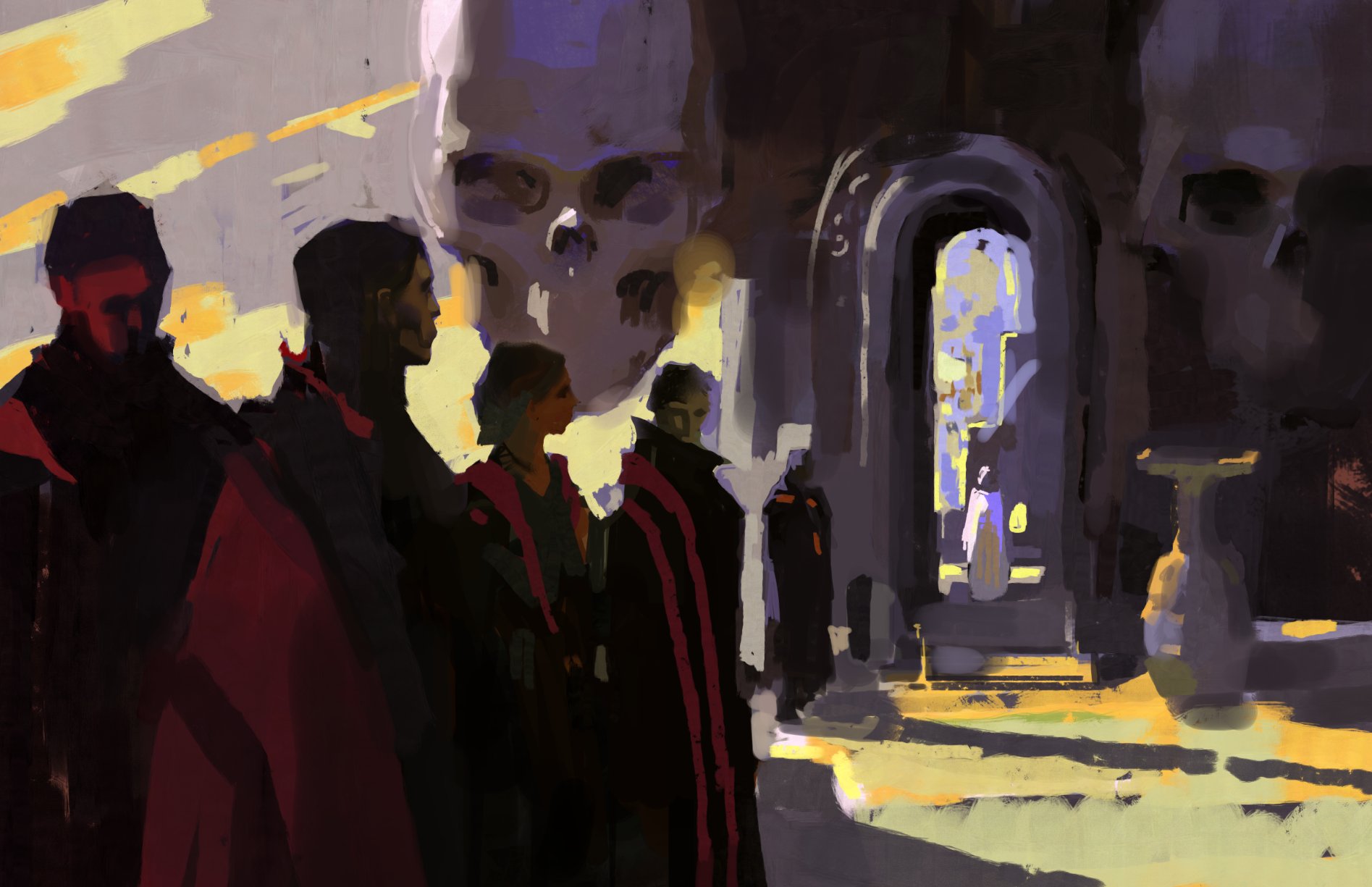the painting depicts a dark and mysterious scene with a group of cloaked figures standing in front of a doorway. a large skull looms above them, casting an ominous shadow. the figures are silhouetted against a glowing light emanating from the doorway, which creates a sense of mystery and intrigue. the overall atmosphere is dark, creepy, and surreal.