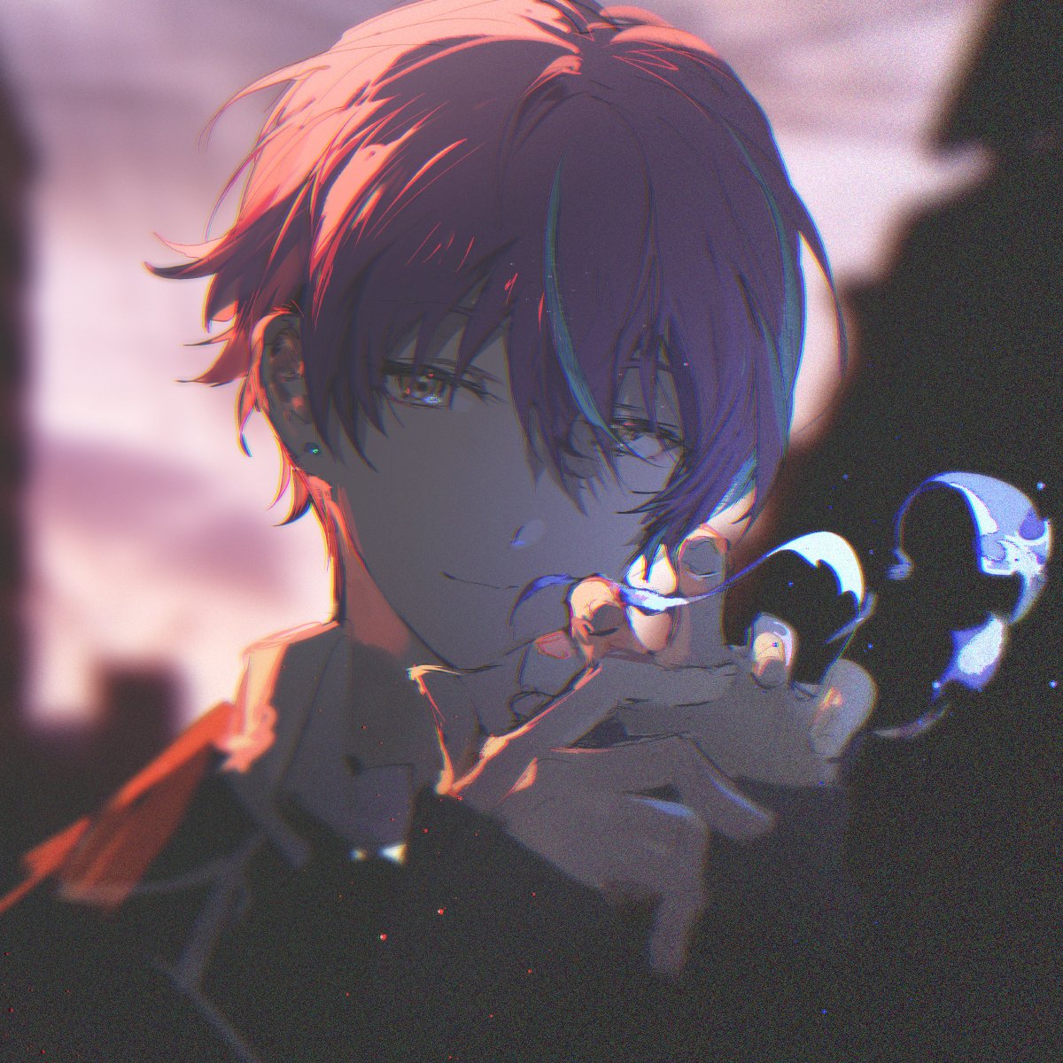 a semirealistic portrait of an anime boy with short, reddishpurple hair and green highlights. he has a smirk on his face and is wearing dark clothing. he has an earring in his left ear and is holding a blue flame in his hand. the background is blurred and has a pinkish hue on the left side.