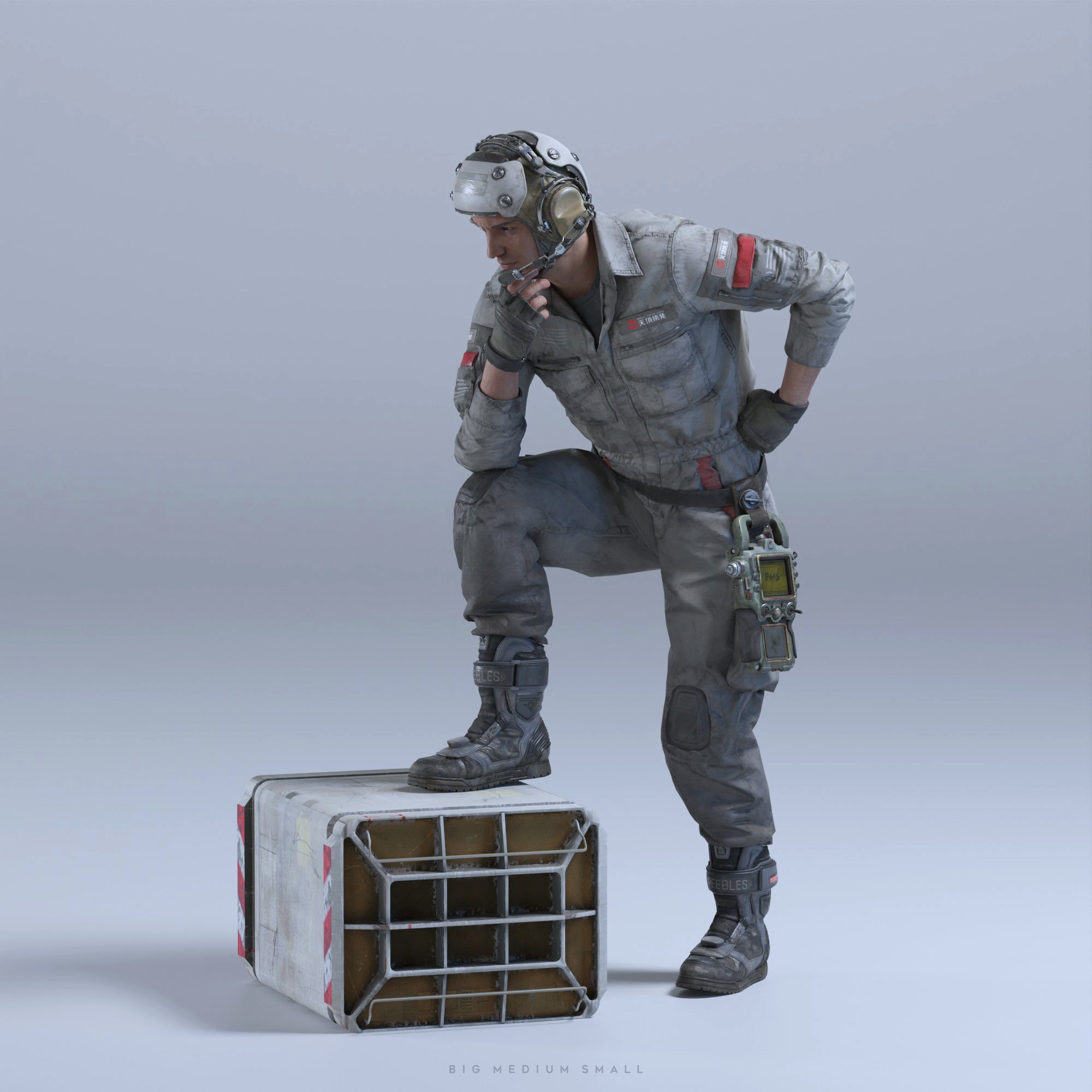 a 3d render of a futuristic soldier in a grey jumpsuit and helmet. he is standing with one leg bent, and his hand is resting on his chin.  he appears pensive. he is standing next to a box or crate, possibly containing equipment. the overall style is realistic and detailed. the background is a simple, light grey.  the image has a slightly gritty, worn look to the character and his attire.  there is a small text label at the very bottom that says "big medium small".