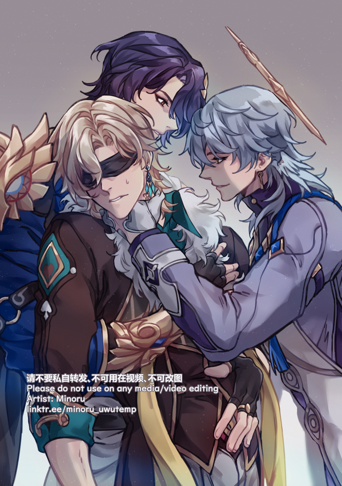 the image is a fan art of three characters from the popular anime and video game genshin impact, albedo, kaeya, and scaramouche. the characters are depicted in a loving embrace, with albedo in the center being held by both kaeya and scaramouche. the image is drawn in a vibrant and colorful style, with intricate details in the characters' clothing and accessories. the characters' eyes are filled with emotion, conveying a sense of love, intimacy, and passion. the overall impression of the image is one of warmth, affection, and beauty.