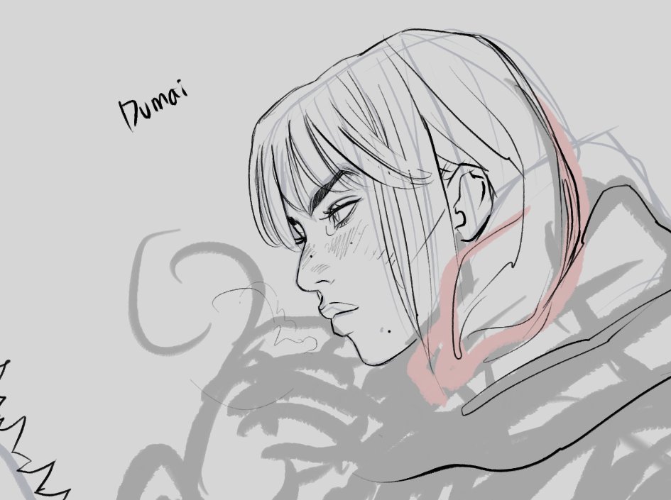 a sketch of a young woman's side profile, focusing on her face and upper body. she has short hair with bangs, visible eyelashes, freckles, and is wearing a hoodie. the sketch is lightly done with pencil strokes, capturing her facial features and overall appearance. the name "dumai" is written on the upper left.