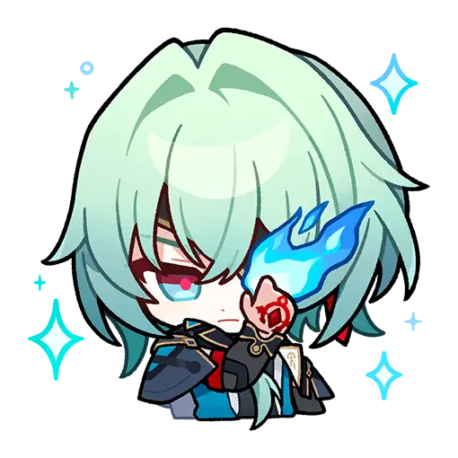 a chibi animestyle character with light green hair, a red eye, and a blue eye. the character is holding a blue flame in their hand, which has a red mark on it. the background is black and there are sparkles surrounding the character. the overall aesthetic is similar to that of genshin impact.