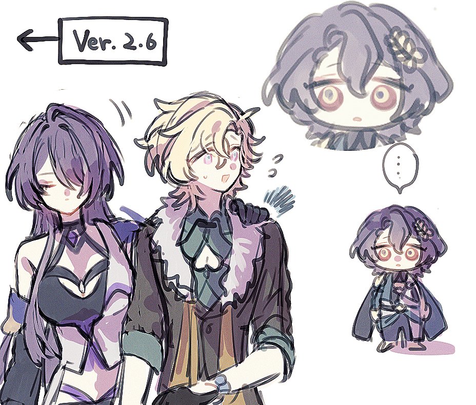 he image is a fanart depicting raiden shogun and wanderer (scara) from the game genshin impact.  the main focus is a slightly more realistic drawing of the two characters standing close together, possibly implying a romantic relationship.  in the upper right corner are smaller, chibistyle versions of both characters, with a larger chibi version of the wanderer in a thoughtful pose. a text box in the upper left corner indicates "ver. 2.6", likely referring to the game version the art was made for. the style of the art is soft, with pastel colors and a slightly sketchy feel. the overall tone is cute and romantic.