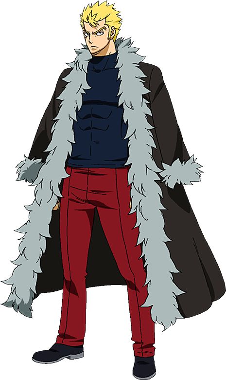 an anime character standing with his arms at his side. he has blonde hair, blue eyes, red pants, a black coat with a white fur collar, and is looking to the left of the frame.