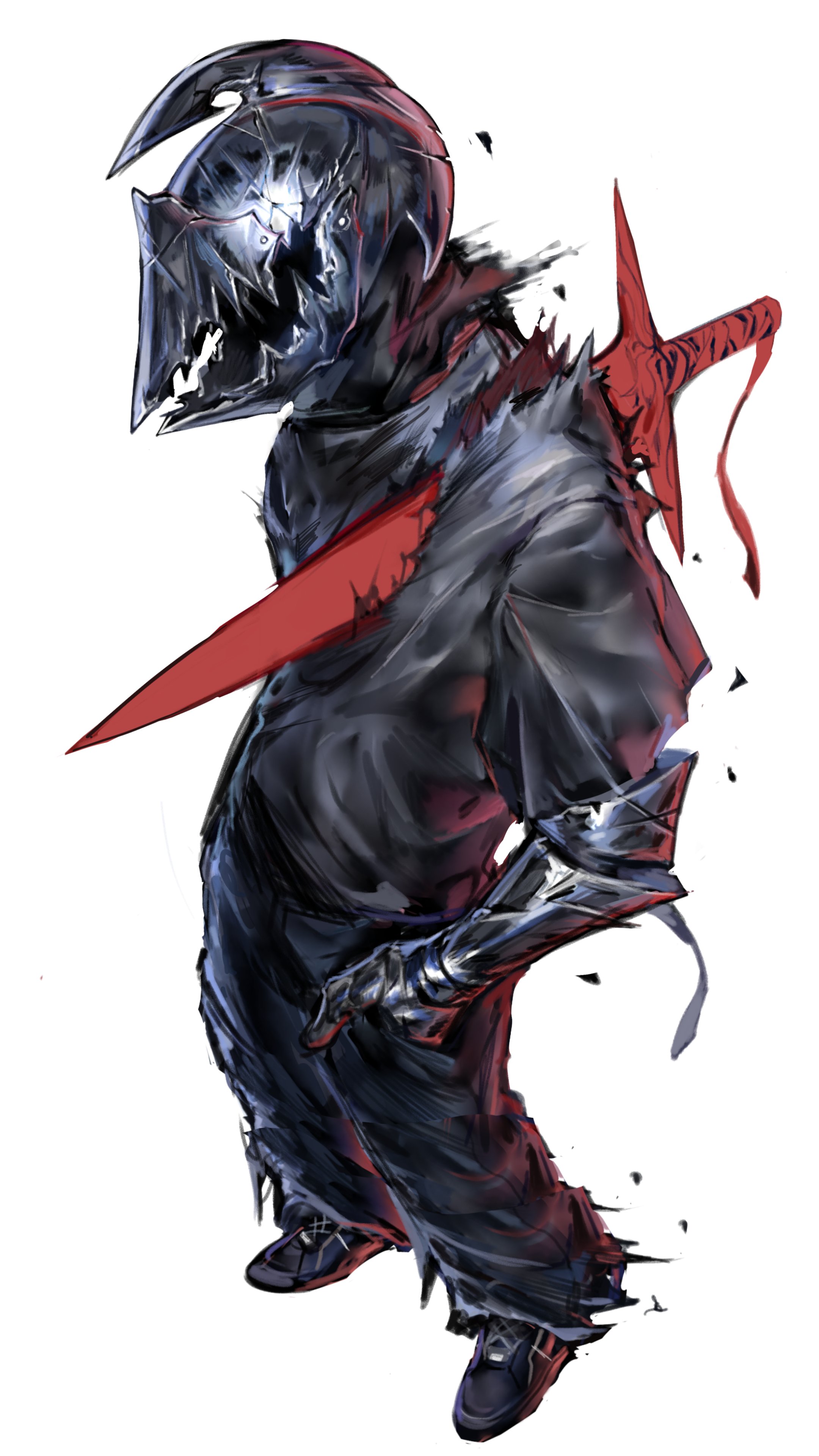 the illustration showcases a formidable knight clad in dark, battlescarred armor. the knight's helmet obscures their face, lending an air of mystery and intimidation. a bright light emanates from the helmet's visor, hinting at a hidden power. a redbladed sword is strapped to the knight's back, further emphasizing their warrior nature. the dynamic pose and flowing garments create a sense of movement, suggesting that the knight is ready for combat.