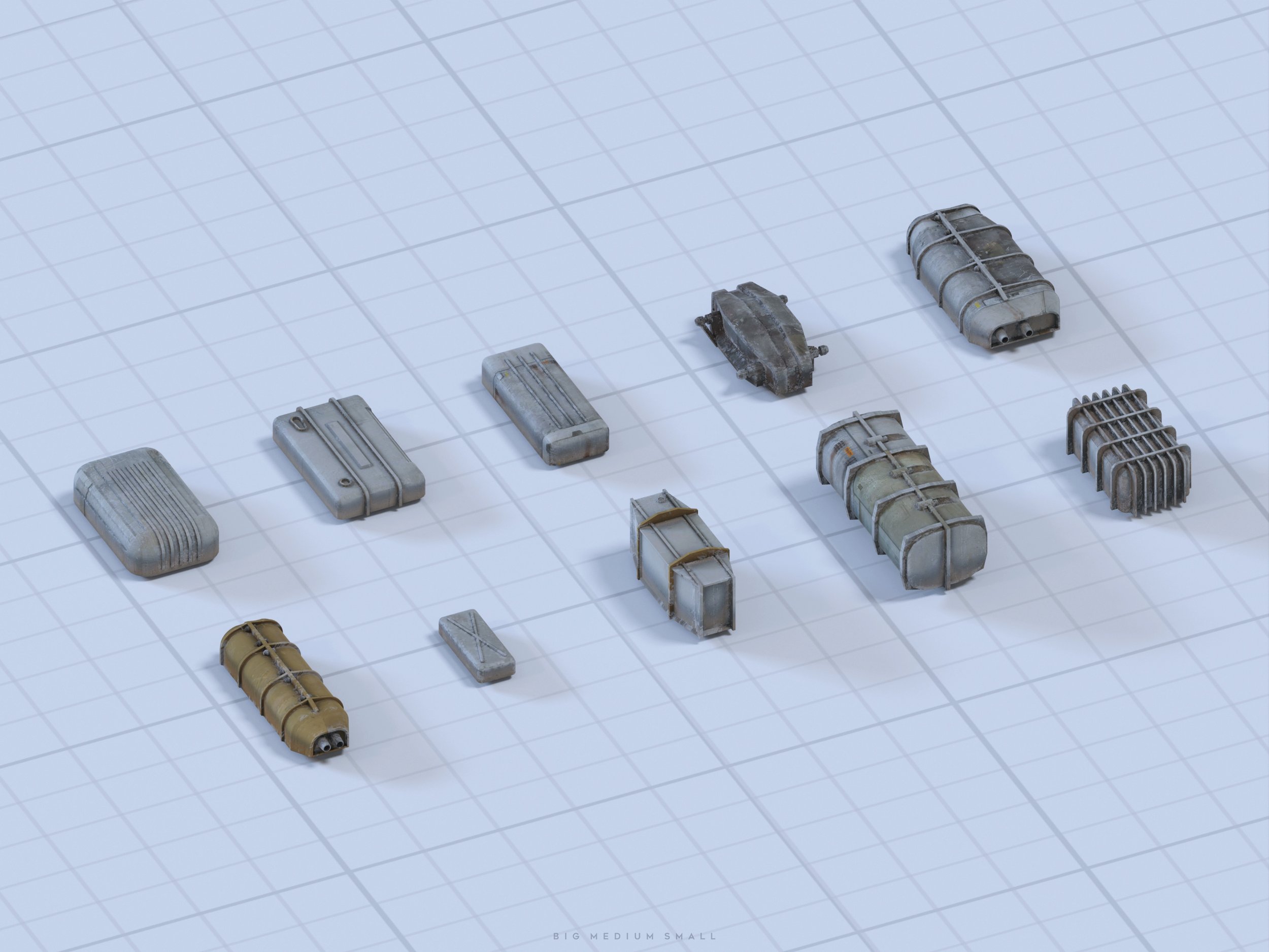 the image shows a collection of 3drendered isometric models of various sized containers and crates. the containers range in size from large to small and exhibit a worn, industrial aesthetic. they are displayed on a light blue gridded background, indicating different sizes (large, medium, small). the style is reminiscent of scifi or futuristic cargo containers, with a grunge texture applied to the surfaces.  the perspective is from above, showing all the containers clearly.