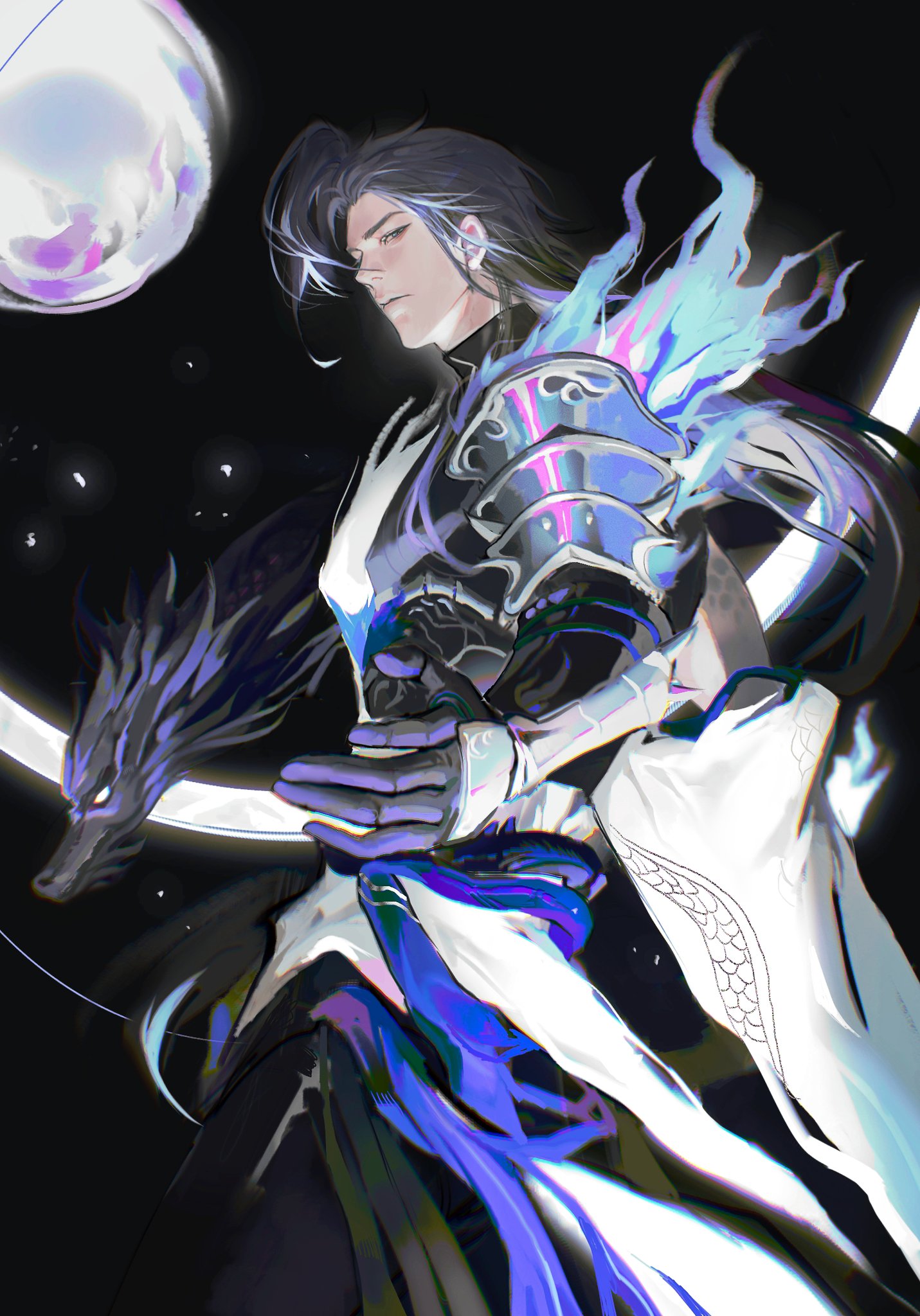 an anime character, a male with long black hair and blue eyes, is standing in the night sky with a dragon beside him. he has a white and black armor with a glowing blue and purple design. the sky is dark with stars and the moon is visible in the background. the scene is full of fantasy and magic, and the character is powerful and mystical. the art is digital and is very detailed.