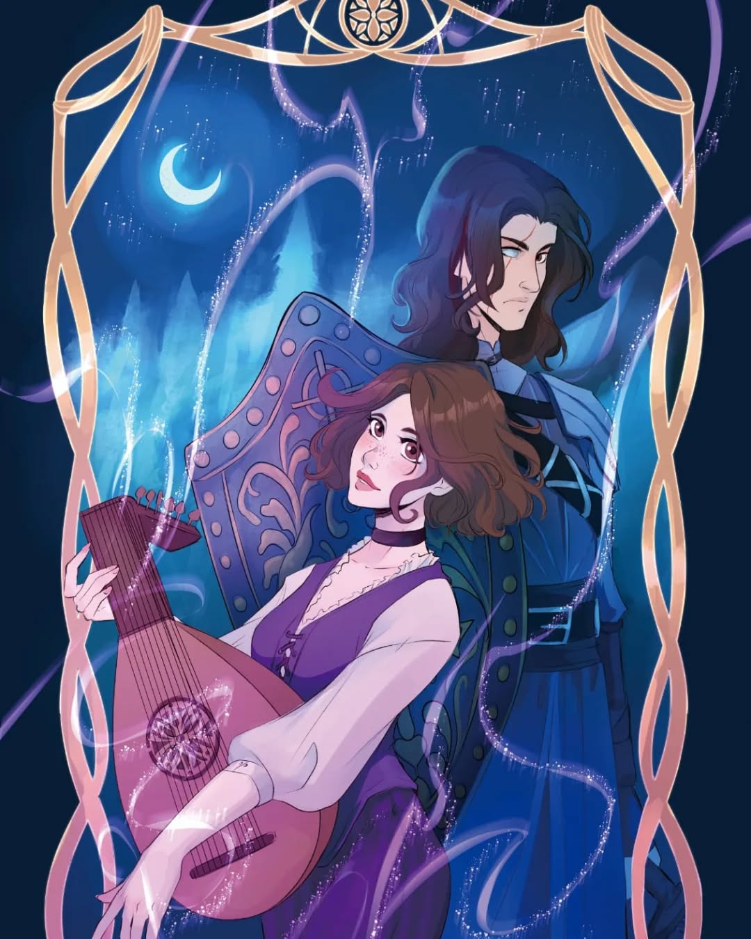 the image is a digital painting depicting a romantic scene in a fantasy setting. a woman, dressed as a bard, is playing a lute, standing close to a man who appears to be a knight, clad in dark blue and purple armor. they are framed by an elegant gold ornate frame that resembles an arched window.  the background shows a dark, mystical forest scene under a crescent moon.  the overall aesthetic is whimsical and romantic, with sparkles of magical light surrounding the couple. the woman’s attire is a combination of purple and white, her expression gentle, while the knight holds a shield featuring ornate details. the scene evokes a feeling of enchantment and mystery.