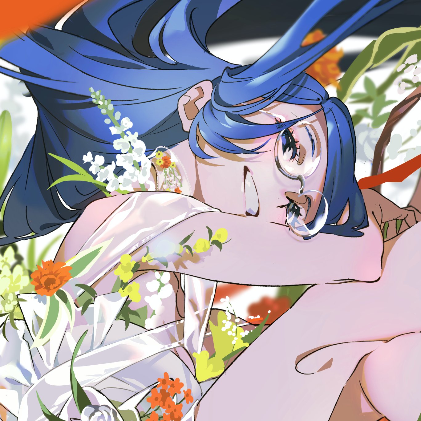 a bluehaired anime girl with glasses is shown in a dynamic pose, she is smiling and her hair is flowing. she is wearing a white top and surrounded by colorful flowers in orange, yellow, and white.