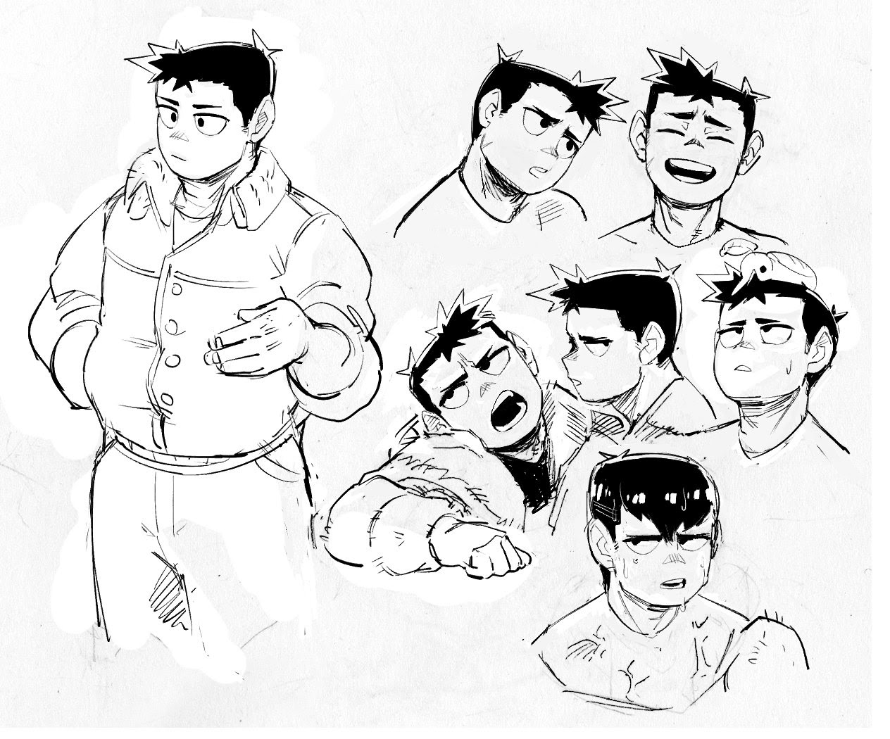 this is a black and white sketch of an anime character. there are several different sketches of the character, all with different expressions on their face. the character is young and has black hair. they are wearing casual clothes like a jacket and pants. the sketches are drawn with thick black lines. the drawing style is simple and loose.  there are also doodles of plants and other details in the background. the background is a white textured paper with a white border around it.