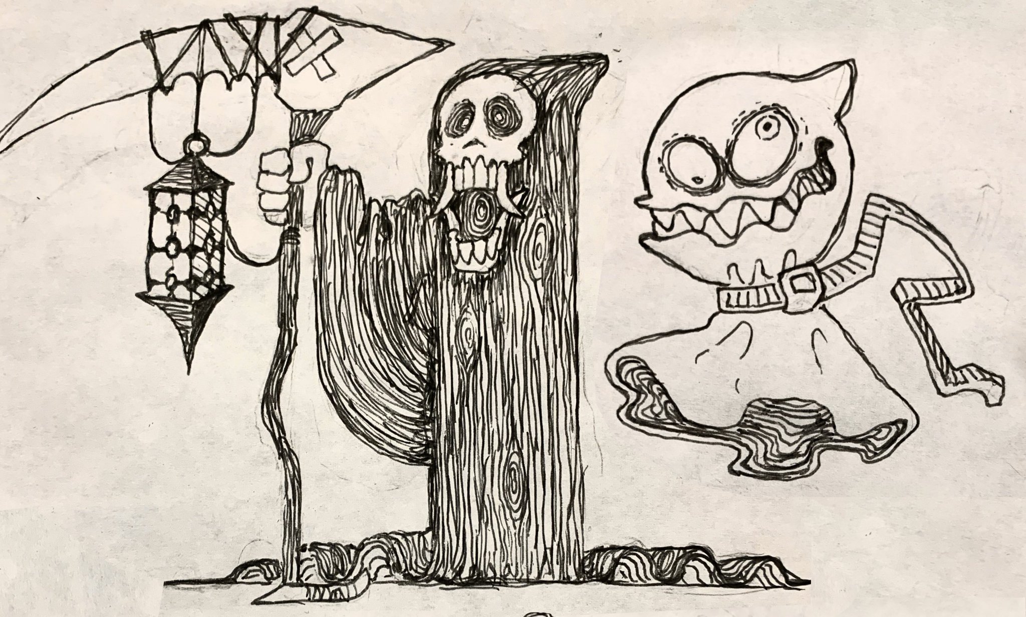 this handdrawn illustration in black and white depicts a cartoonish grim reaper standing beside a mischievouslooking ghost. the reaper, drawn with a wooden texture, holds a scythe with a tattered banner and a lantern with a flickering candle. the ghost, with its wild eyes and sharp teeth, appears to be floating towards the viewer.