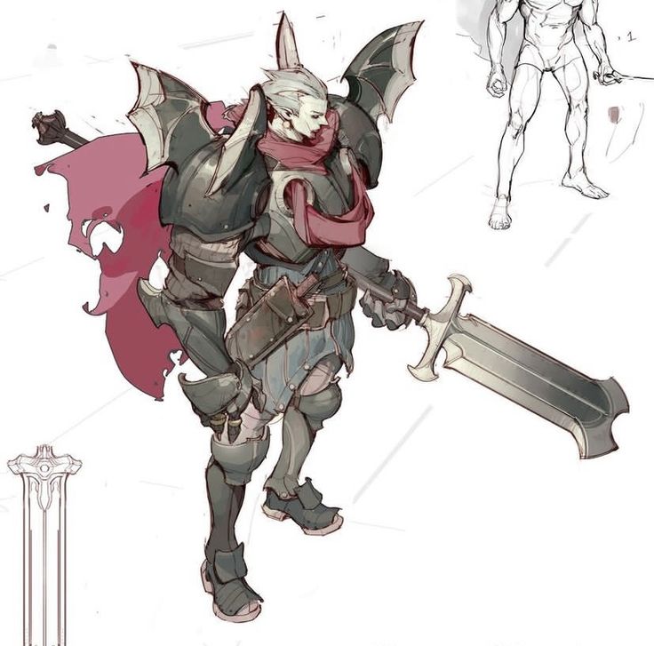 the image is a digital painting showing a concept art design of a male fantasy character.  the character appears to be a knight or warrior, wearing dark grey armor with red accents.  he has pale skin, short lightcolored hair, and seems to have an elven or similar fantastical feature. he wields a large greatsword and wears a tattered red cape.  the character is shown from a threequarter angle, and there are additional sketches included showing a basic anatomical study of a human figure and a possible weapon design for the character's offhand.  the overall style is rough and painterly, typical of concept art. the image suggests a character from a video game or fantasy book.
