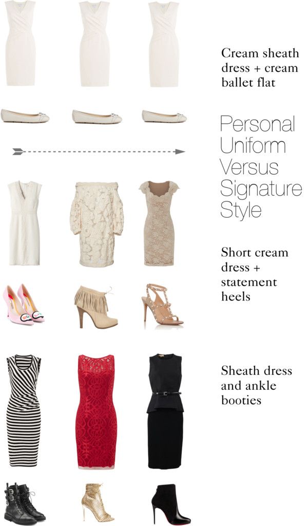 the image shows a comparison between a personal uniform and signature style. the personal uniform consists of a cream sheath dress paired with cream ballet flats. in contrast, the signature style is showcased through three variations: short cream dresses paired with statement heels, sheath dresses combined with ankle booties, and various dress designs including a striped dress, a red lace dress, and a black peplum sheath dress with different kinds of booties and heels.