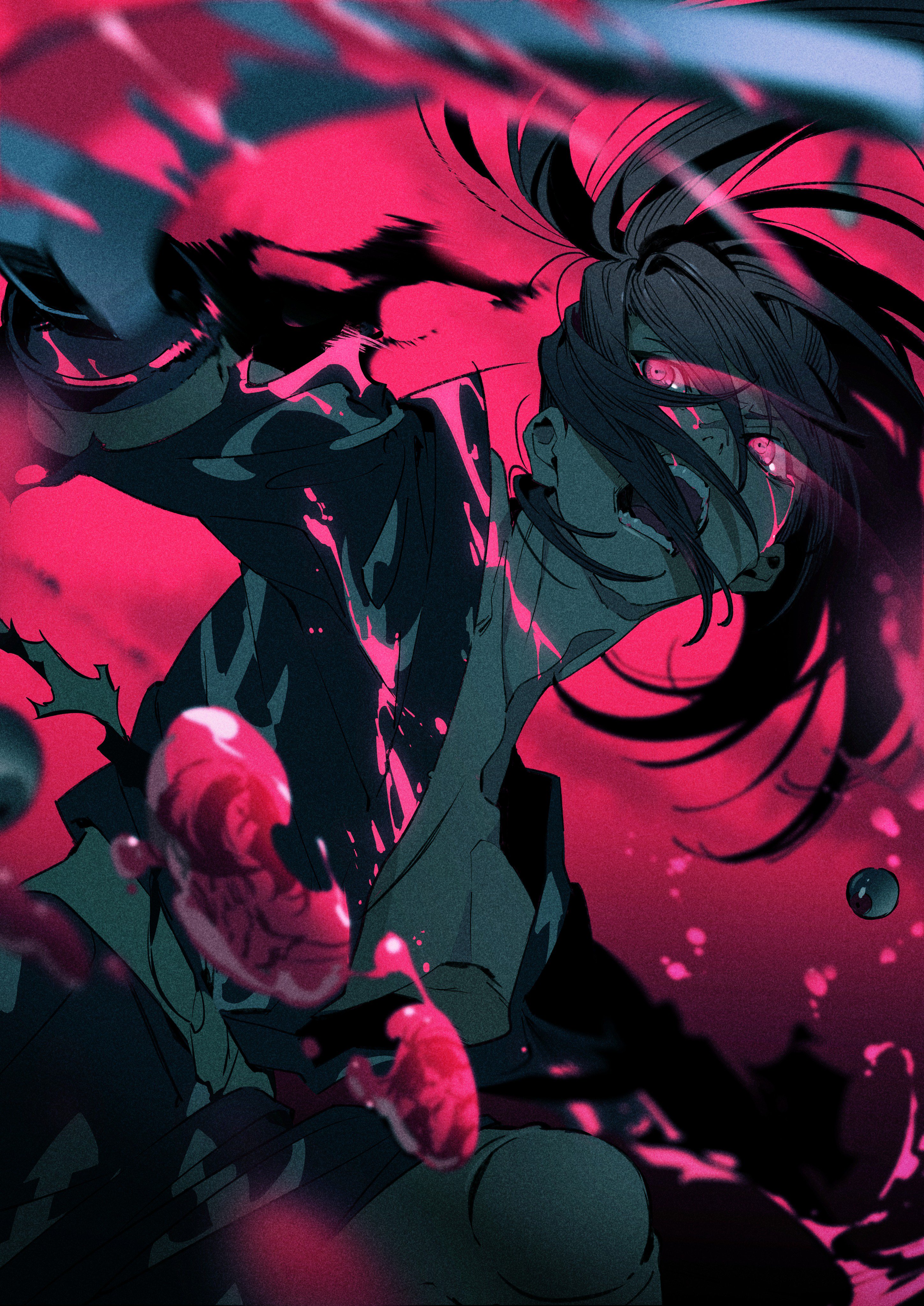the image shows an anime character in a dramatic pose with their black hair flowing behind them. they have red eyes and are screaming with an intense expression, their body contorted in a dynamic and fierce fighting pose. they are surrounded by a dark and bloody background with pink and red splashes, creating a feeling of intensity and action. the overall style of the image is dark, energetic, and dramatic, showcasing the character's determination and strength.