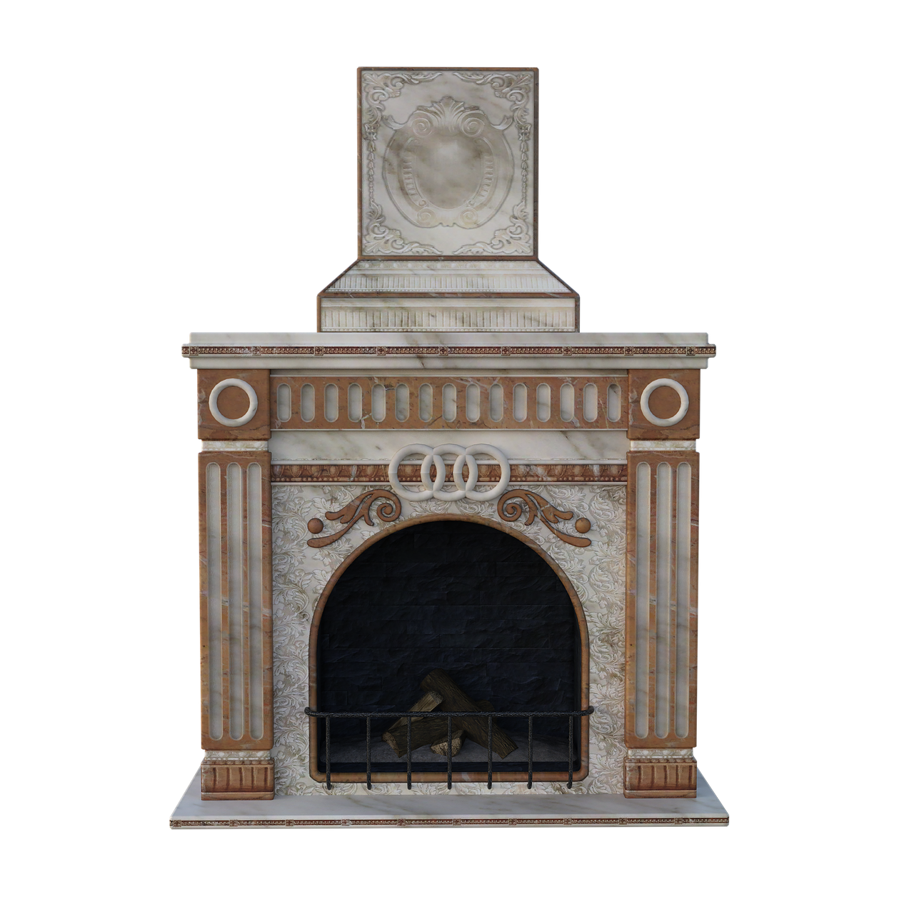 an ornate marble fireplace with a decorative mantle, hearth, logs, and a metal grate against a black background. the style appears classic and traditional.