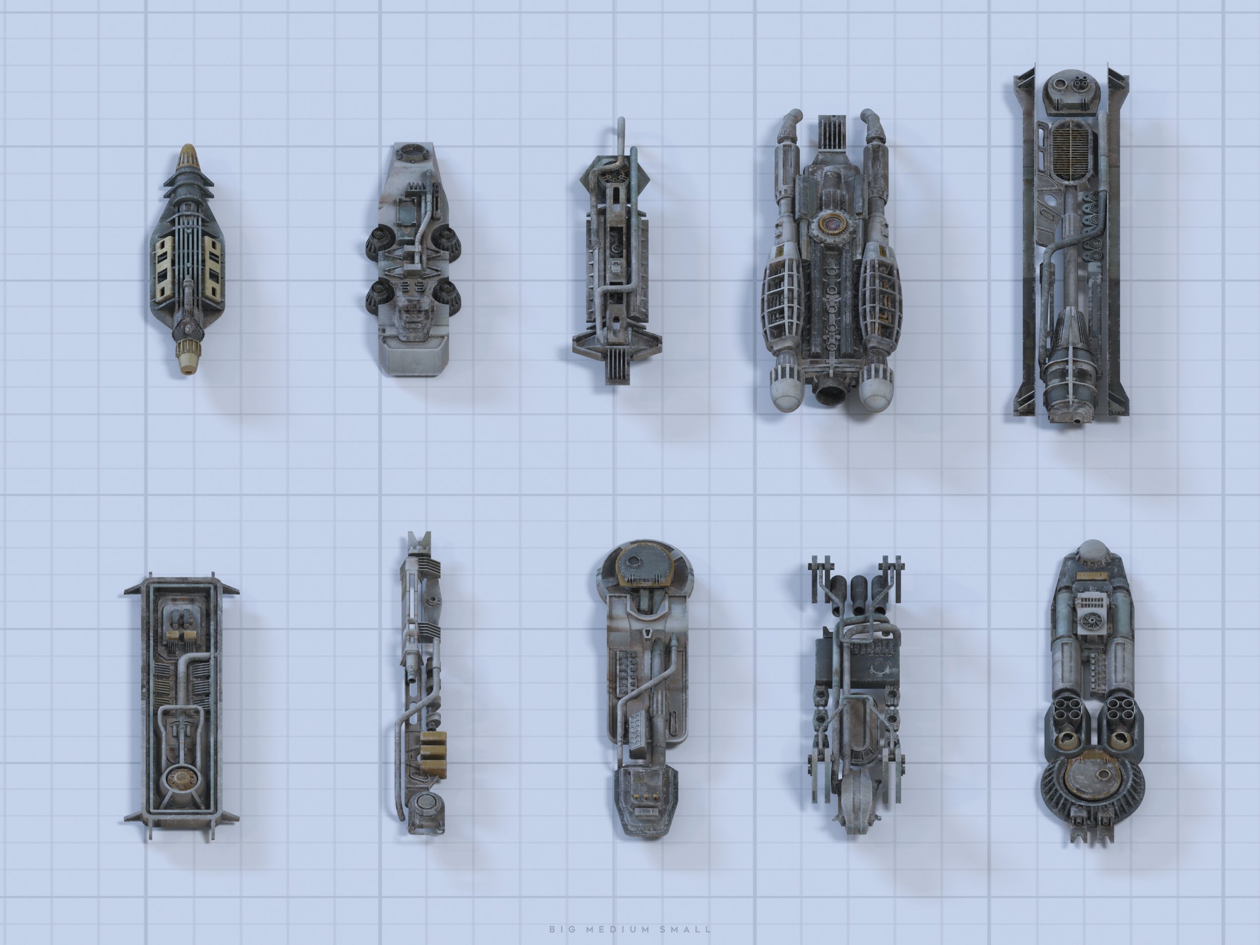 he image shows nine different spaceship designs arranged on a grid background.  the ships vary in size and shape, ranging from small and slender to larger and more complex.  they appear to be concept designs or models, rendered in a style suggesting industrial design or a technical drawing. the ships are predominantly light gray and metallic in appearance, with some minor color variations. a caption at the bottom reads "big medium small" indicating that the sizes of the ships are presented from large to small, across the rows.
