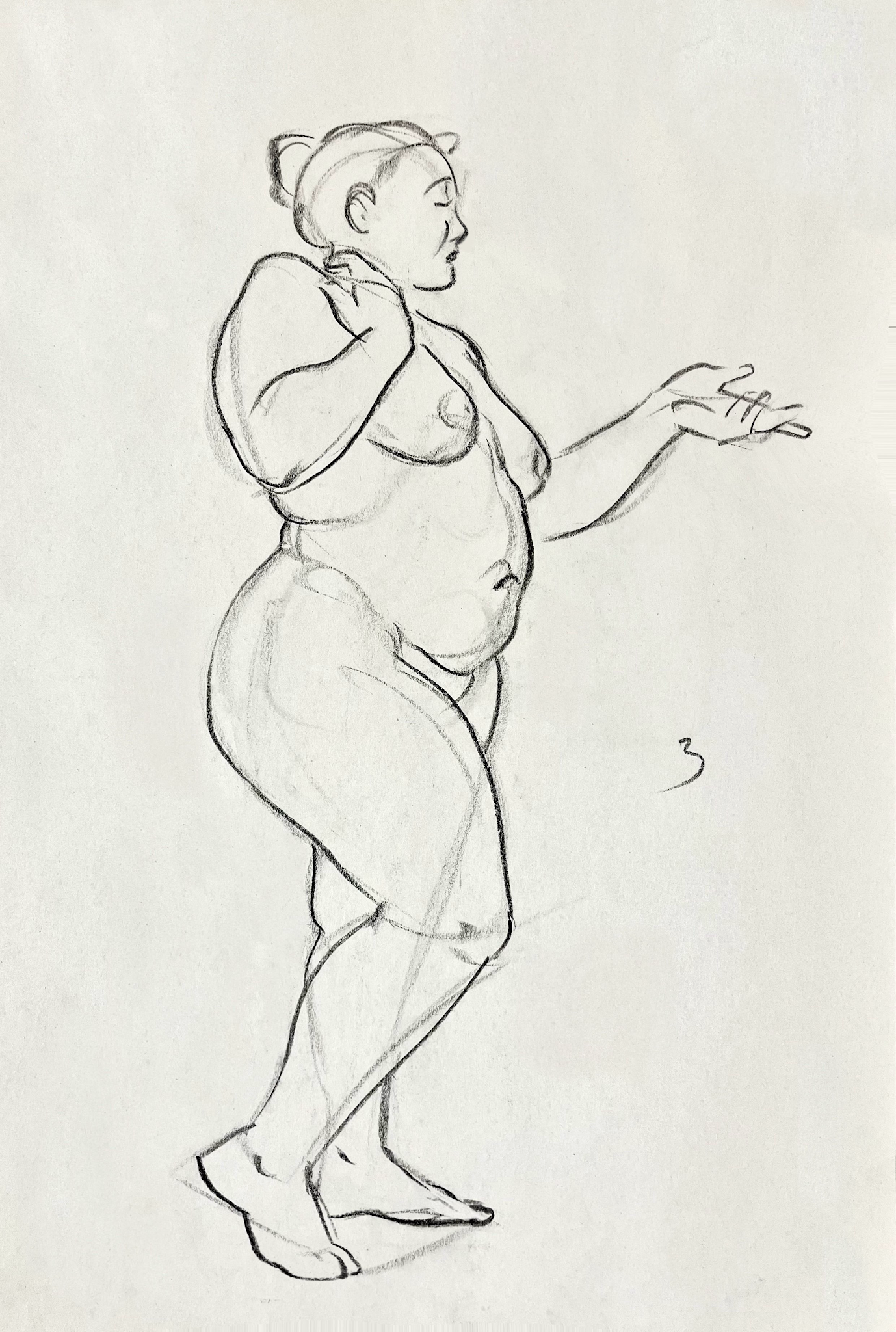 a charcoal drawing of a nude woman standing with her right arm raised and her hand outstretched, her left hand is near her chest. the woman's pose suggests she is moving or interacting with someone or something off camera. her body is slightly bent and her left leg is bent at the knee. she is drawn with a minimal amount of lines, leaving her body and features mostly shapeless.  a number '3' appears in the corner of the drawing, possibly indicating the number of poses or the time of day. the drawing is in a simple, somewhat minimal style.  the background is a white paper with a faint, almost imperceptible, texture.