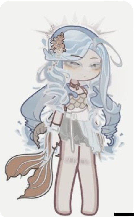 a digital illustration of a girl with blue hair styled to look like a wave, adorned with white flowers. she wears a blue and white outfit reminiscent of mermaid scales and torn fabric, hinting at a water theme. two fishtails, one orange and one blue, emerge from her back. the drawing has a soft, dreamlike quality.