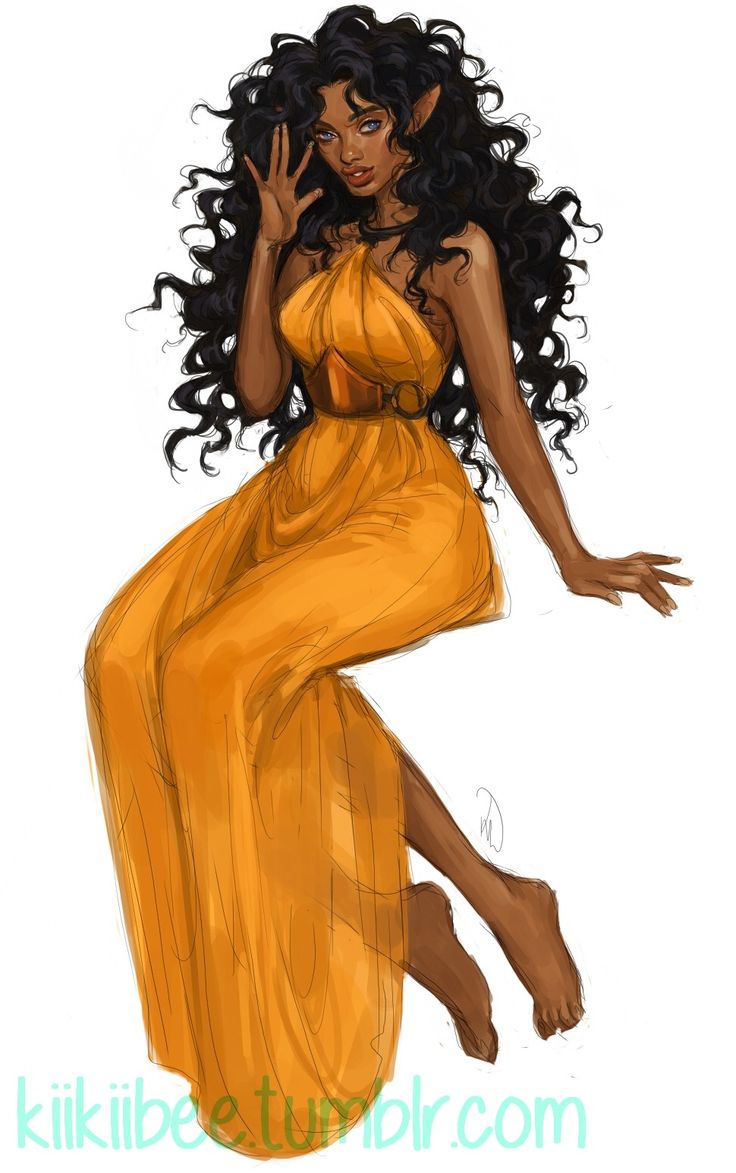 the image is a digital painting of a darkskinned elf woman with long, curly black hair. she is wearing a flowing, goldenyellow grecianstyle dress and is seated with her legs slightly apart. she has pointed ears and is looking towards the viewer with a slightly playful expression, one hand is up near her face. the art style is whimsical and slightly painterly, with loose brushstrokes, giving a soft, dreamlike feel. the background is plain white, focusing the attention on the character.  a watermark with the artist's name "kikiilbe.tumblr.com" is present at the bottom.