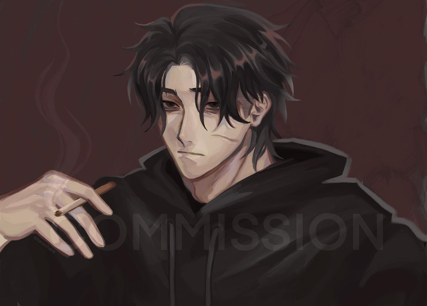 the image is a digital painting of a young man with dark hair and a black hoodie. he's holding a cigarette in his hand, and his expression is serious. there's a noticeable scar on his face. the background is dark and moody, adding to the overall atmosphere. the art style is reminiscent of anime or manga, with soft shading and painterly strokes.  the word "commission" is overlaid on the image, indicating it was a commissioned piece of artwork.