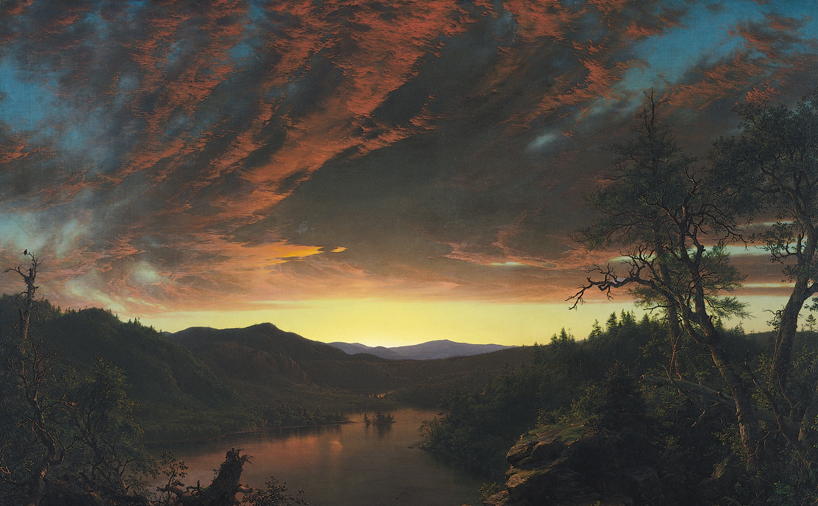 a captivating landscape painting, likely of the hudson river school style, showcases a dramatic sunset over a serene lake nestled amidst a mountainous, forested terrain. the fiery hues of orange and red dominate the sky, contrasting with the deep blues and purples of the approaching twilight. silhouettes of trees in the foreground frame the view, their dark forms adding to the dramatic atmosphere. the lake reflects the vibrant colors of the sky, creating a sense of tranquility and awe. the scene embodies the romantic idealization of nature's beauty and power.