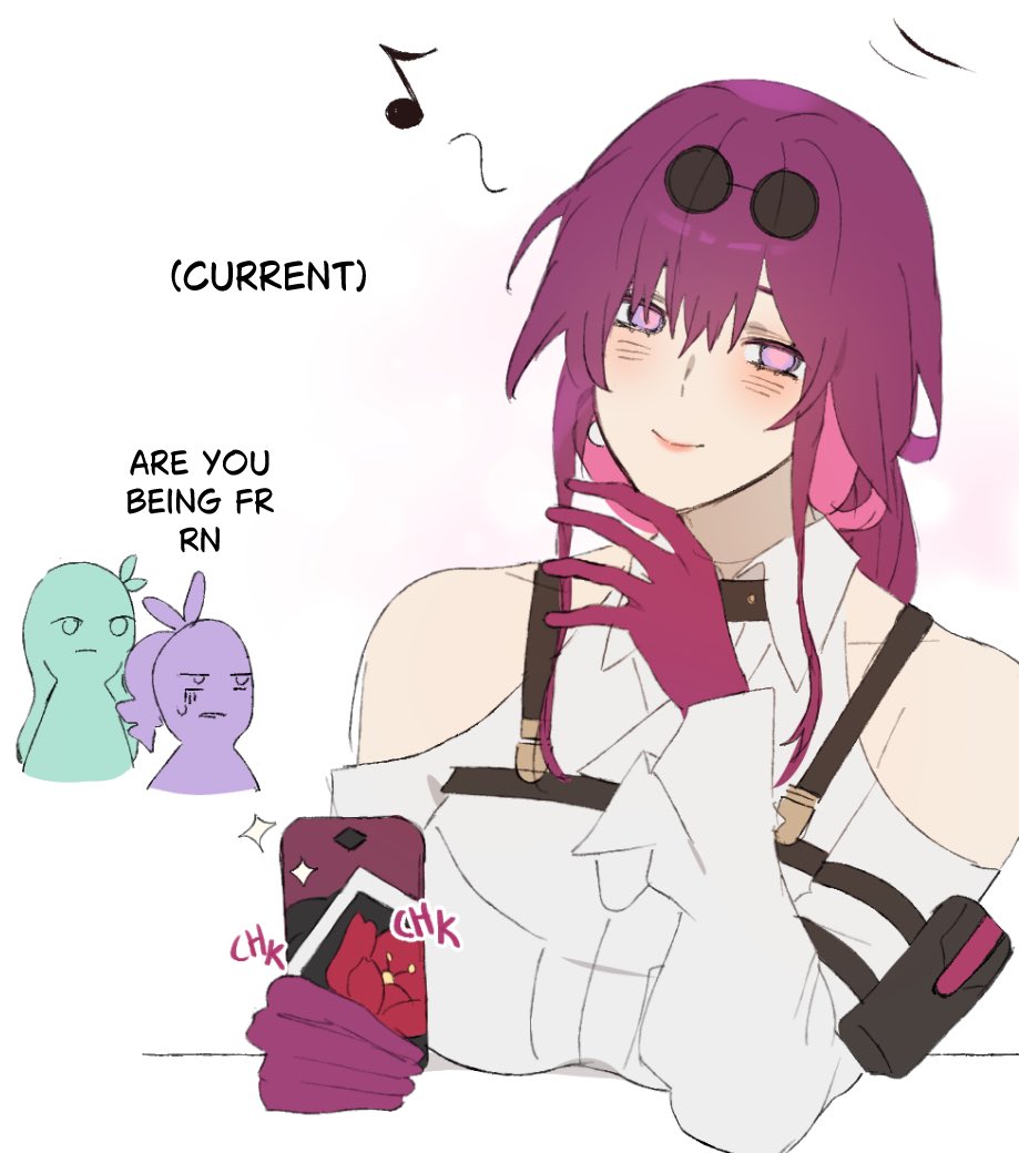 this is a digital illustration of an anime girl with pink hair. she is wearing a white shirt and holding a phone in her hands. she is looking at the phone with a cute smile on her face. the background is a light pink color. the girl is surrounded by a few cartoon characters. one of them is green, one is purple, and the last one is also purple. the purple one looks to be a bit surprised.  there is a small musical note symbol on the top left corner of the image.  the words "(current)" are written in the middle of the image. the words "are you being fr rn" are written on the left side of the image. the words "chk chk" are written on the right side of the image.