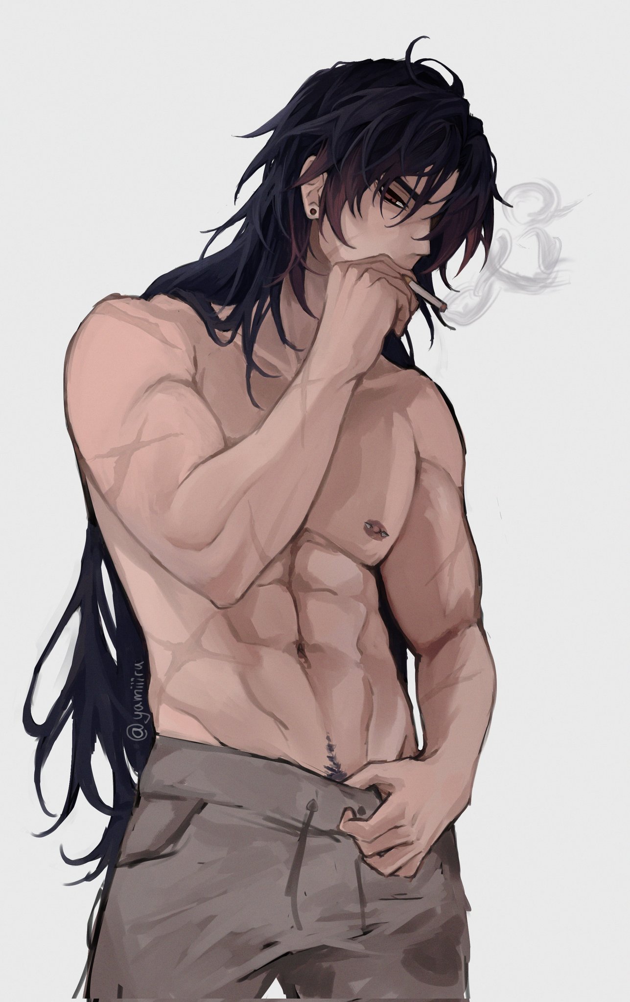 a digital illustration of a shirtless anime man with long black hair, smoking a cigarette while holding a hand on his pants. he has a muscular physique and is looking at the viewer with a cool and confident expression. the background is plain white.