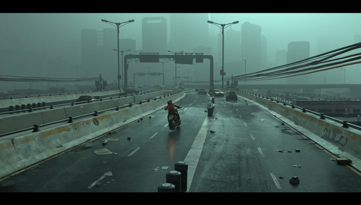 the image depicts a desolate, postapocalyptic or cyberpunk cityscape. a lone motorcyclist, clad in red, travels down a rainslicked highway elevated above a ruined city.  thick fog or smog obscures the cityscape in the distance, creating a gloomy and atmospheric perspective.  the highway is largely empty, littered with debris and abandoned vehicles, emphasizing the sense of desolation. the overall color palette is muted, with various shades of grey and green dominating the scene, contributing to the dark and moody atmosphere. the architectural style hints at a futuristic or dystopian setting, with a blend of modern and dilapidated structures.  overhead wires and concrete barriers add to the sense of urban decay.