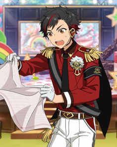 a cartoon drawing of a dark haired man looking surprised while holding some white fabric. he's wearing a red military style jacket and white pants. there is a colorful rainbow in the background.