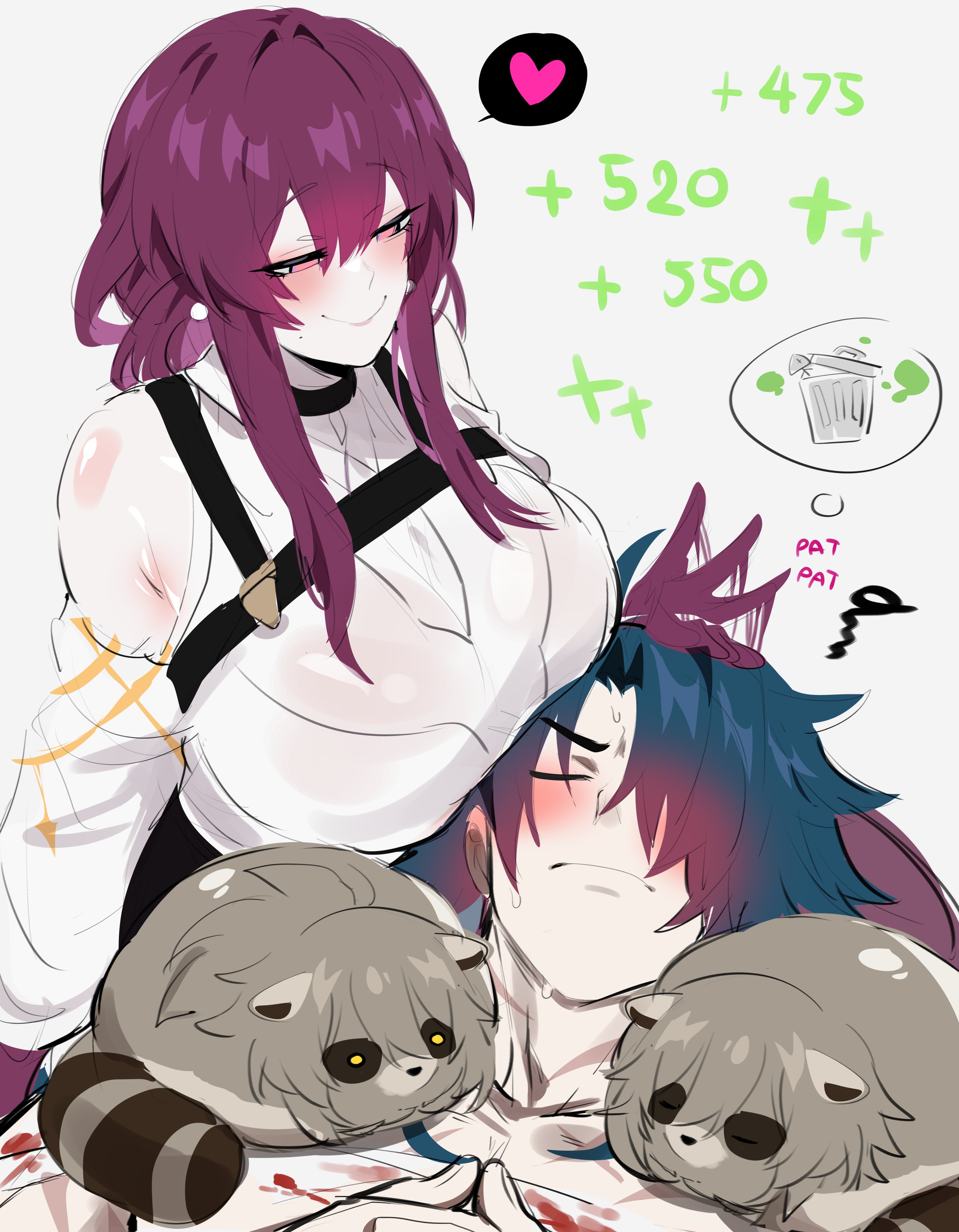 this is a digital art piece showing a cute anime couple hugging and smiling. the girl has long purple hair, is wearing a white shirt with a black strap, and is giving the boy a big hug. the boy is wearing a white shirt, has short blue hair, and is blushing with a happy smile. both of them have little raccoon plushies hugging them. the art style is very soft and delicate, and the colors are bright and cheerful. this is a very sweet and romantic image.