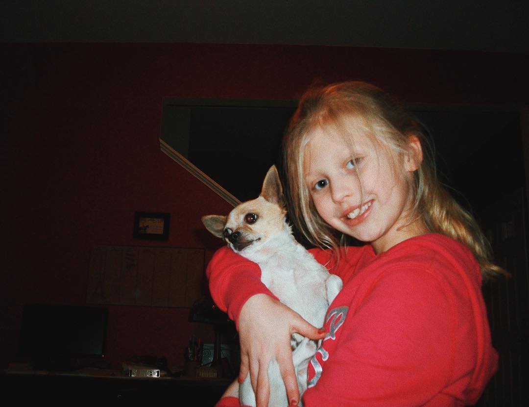 a young girl with blonde hair is holding a small chihuahua dog. she is wearing a red shirt and smiling. they are indoors in front of a red wall with a desk and monitor behind them.