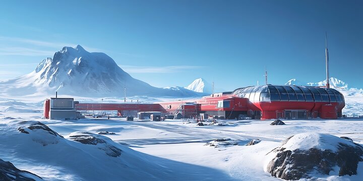 a red, futuristic building in a snowy arctic or antarctic landscape. the building is set against a backdrop of snowcovered mountains. it looks like a research station or base. the sky is blue and clear.