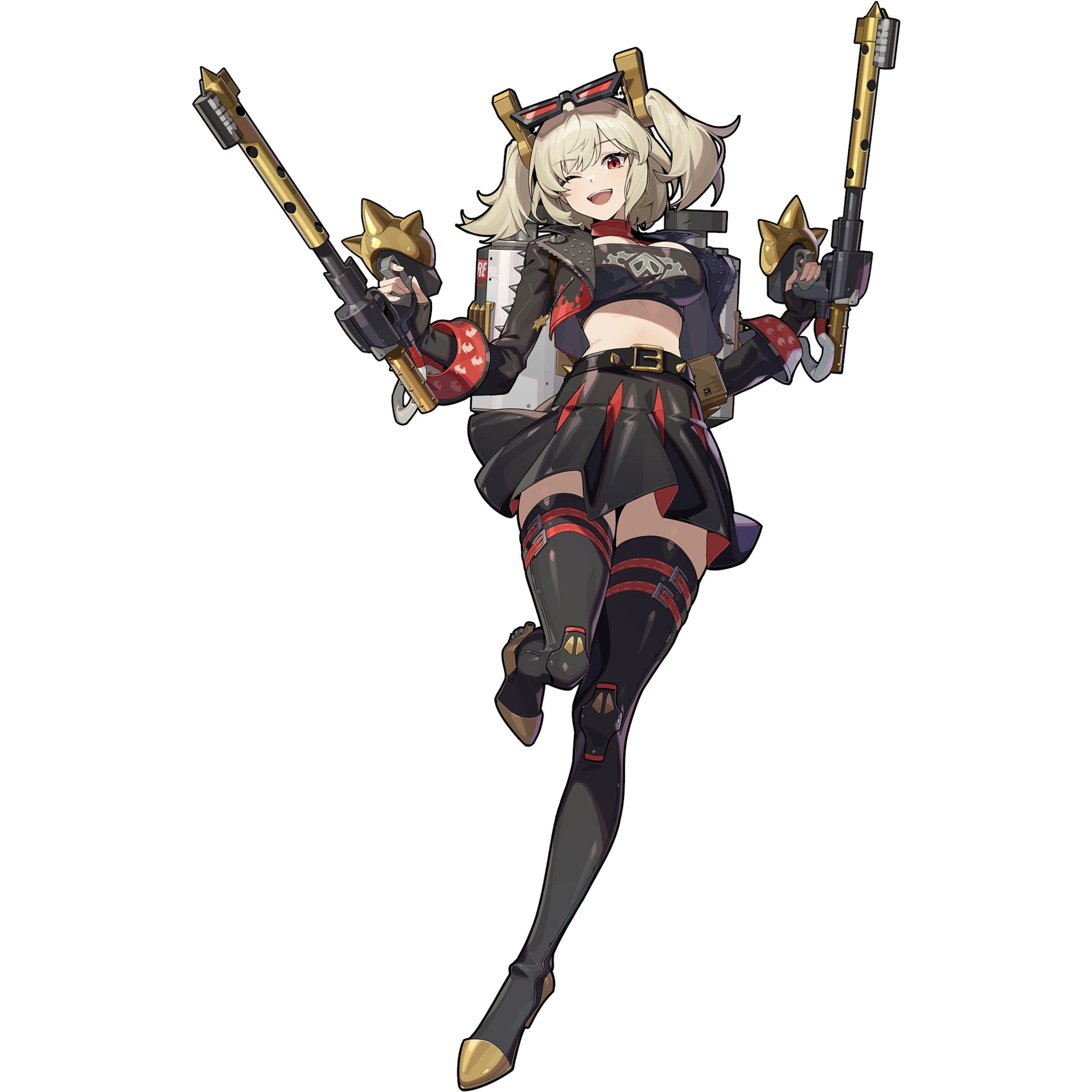 the image is a vibrant digital artwork depicting an animestyle female character.  she's blonde with pigtails, wearing a dark outfit including a short black pleated skirt, thighhigh stockings with red accents, and boots. she's dynamically posed midair, dualwielding two large, stylized guns with gold accents. she has a backpacklike device on her back and wears accessories that suggest a futuristic or fantasy setting. the style is lively and expressive, with a focus on movement and action. the background is plain white, isolating the character and emphasizing her energetic demeanor. the overall aesthetic is reminiscent of a video game character design, perhaps from a title like granblue fantasy.