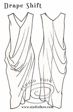 the image is a design sketch or illustration of a "drape shift" dress. two views of the dress are shown: a front and a back. the dress has a vneckline and a draped design on the front. the garment appears to be a sleeveless dress, and the drape creates a soft, flowing look. the label "studio foto" is visible, along with the website "www.studiofaro.com".