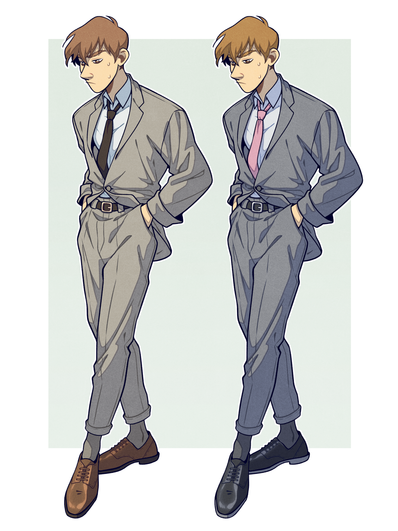 the image shows two versions of the same young man, drawn in an anime style. he wears a light gray pinstriped suit with his hands in his pockets. the two versions showcase different color palettes: one with a brown tie and shoes and the other with a pink tie and black shoes. the background is a solid pale green. the lighting is soft, and the perspective is slightly low.