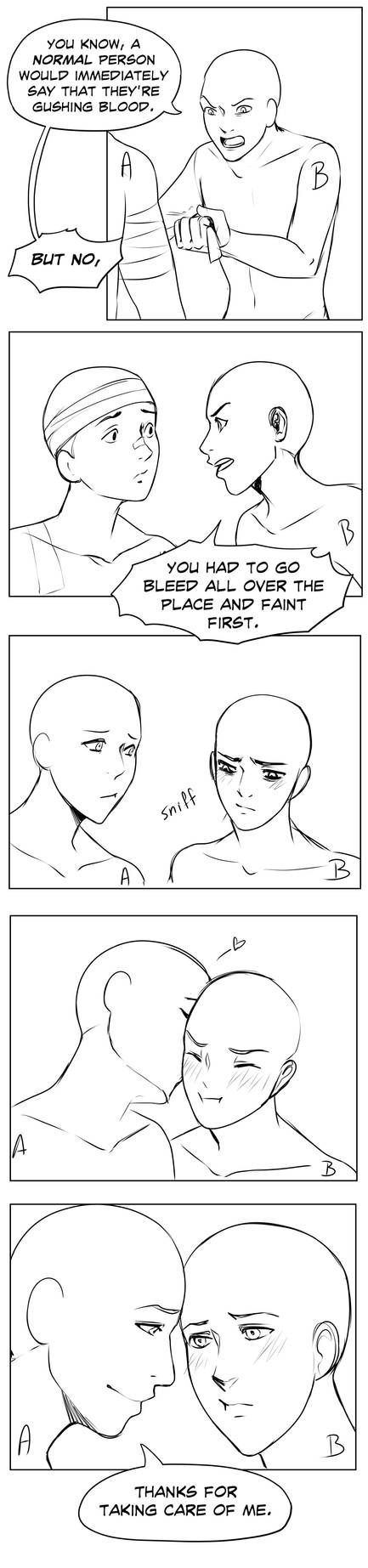 this is a comic illustration of two anime boys. the first panel shows the boy on the right checking the boy on the left's bleeding arm, while the boy on the left is holding the boy on the right back. the boy on the right is expressing his surprise at the boy on the left's reaction. the second panel shows the two boys with the boy on the right chastising the boy on the left for not being able to handle the situation well. the third panel shows the boy on the left sniffling, with the boy on the right looking at him softly. the fourth panel shows the boy on the left leaning in towards the boy on the right, who is blushing, with a speech bubble above the boy on the right saying "sniff". the last panel shows the boy on the left looking at the boy on the right with a happy expression, with the boy on the right looking down at the boy on the left with a sad expression. the last panel also has a speech bubble showing the boy on the left saying "thanks for taking care of me".