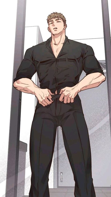 the image depicts a tall, muscular man in what appears to be a changing room, based on the door behind him. he is depicted in a stylish, somewhat casual outfit consisting of a dark, opencollared shirt and matching dark pants. he's in the process of adjusting his belt, suggesting he's getting dressed. the art style is reminiscent of manga or manhwa, with clean lines and a focus on the character's physique. the low camera angle contributes to an impression of the man's size and presence.