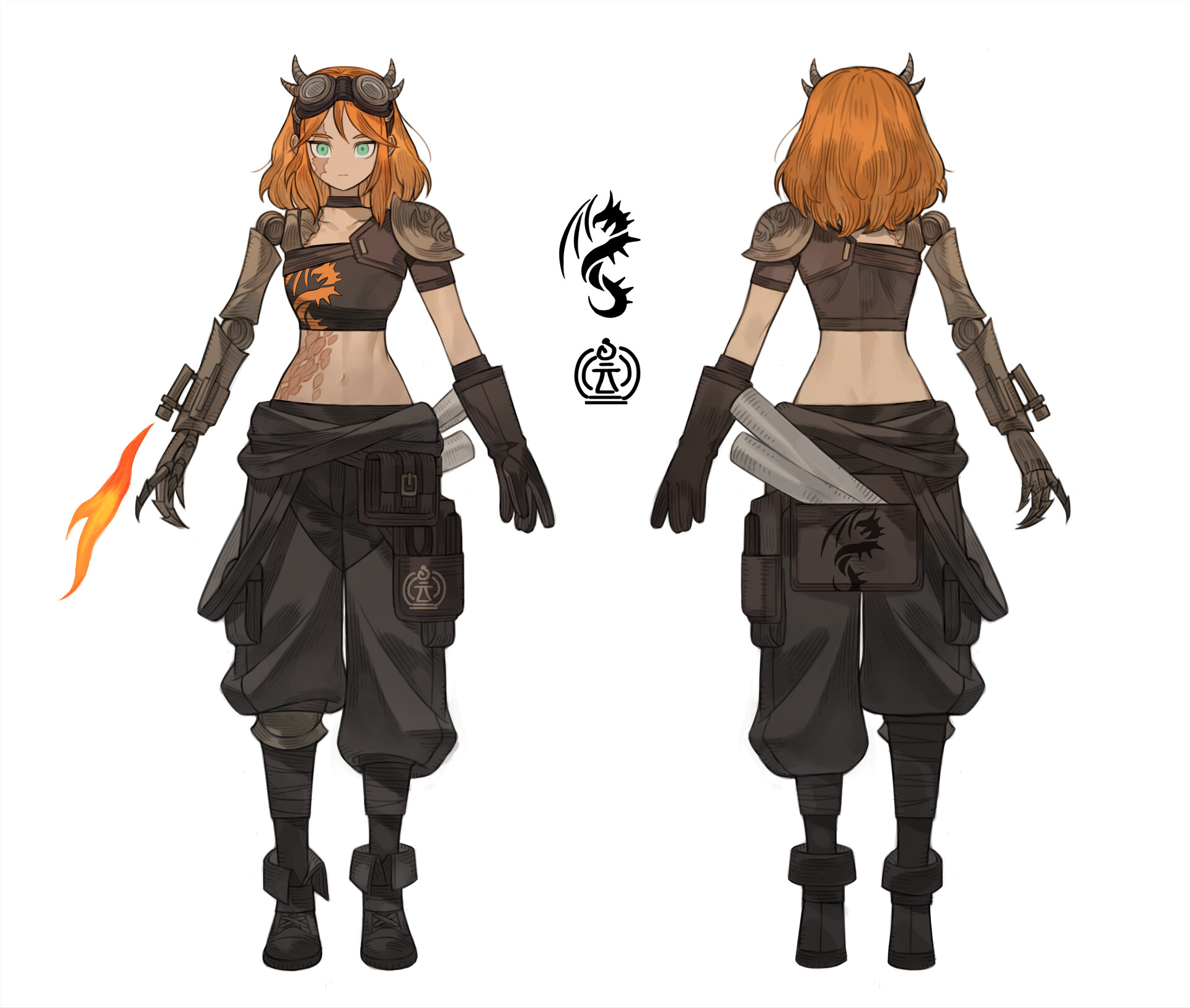 this image showcases the front and back view of a female character design. she has short orange hair, green eyes, and wears steampunkinspired goggles on her head. her outfit consists of a black crop top revealing a dragon tattoo on her stomach, baggy black pants with kneehigh wraps, and various pouches and belts.  she has prosthetic arms with mechanical detailing, one emitting a burst of flame.  her attire incorporates dragon imagery, suggesting a connection to these mythical creatures.
