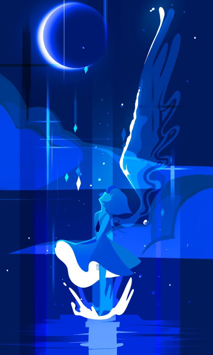the image is a stylized digital fanart depicting blue diamond from the animated series steven universe. she is depicted in a flowing blue dress, with large, stylized wings extending upward and outward.  she stands on a pillar emerging from water, as if rising or emerging from the depths. the background is a dark blue night sky with a crescent moon and bluetoned geometric shapes.  diamonds and light streaks add to the magical and celestial feel. the overall style is abstract and elegant, emphasizing the character's ethereal presence.