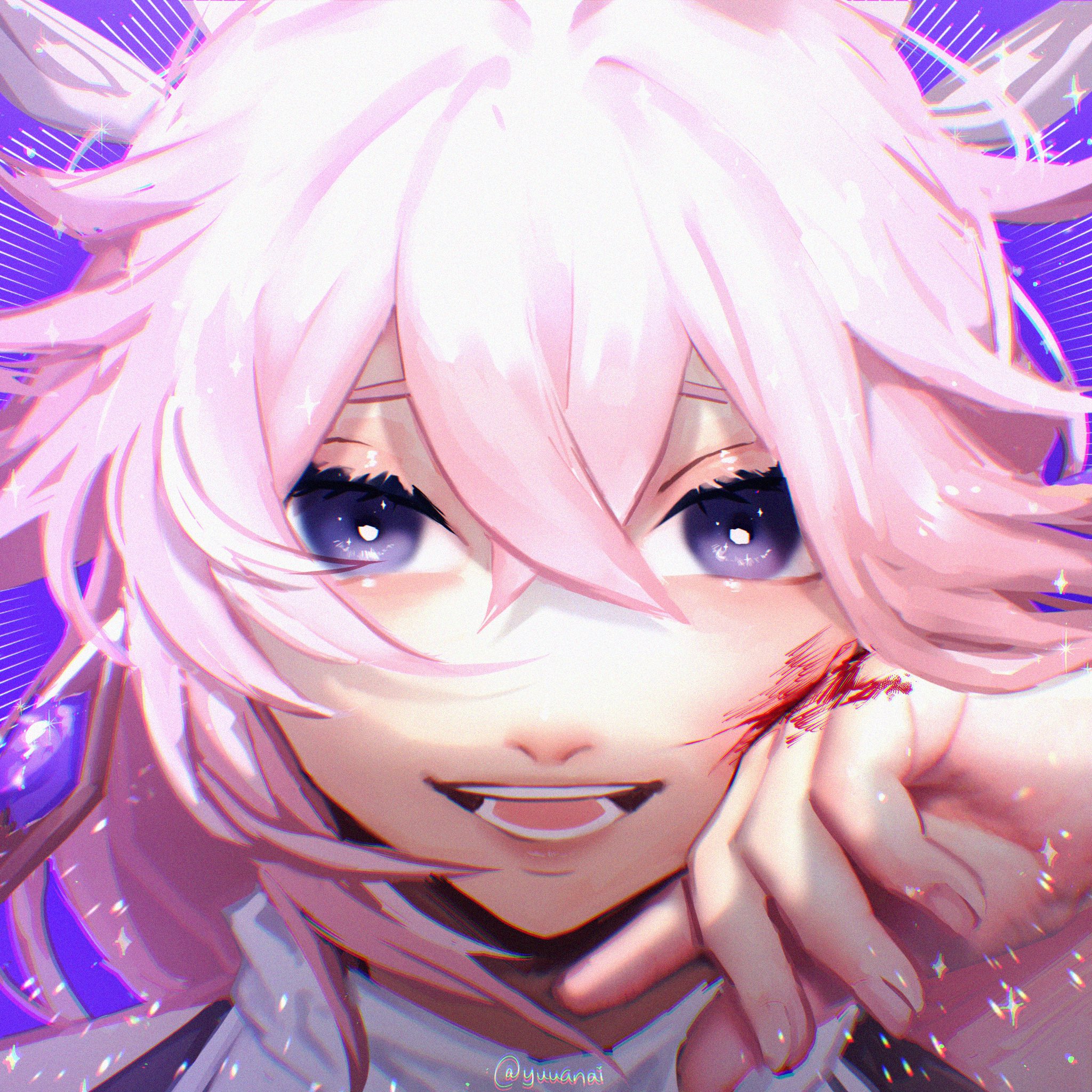 a close up of an anime girl with pink and white hair, wearing white clothing, smiling with a red scratch on her cheek, against a purple background.