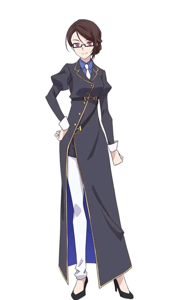 the image shows a female anime character with long dark hair, glasses, a long black coat, white tights, black shoes, a white shirt, and a blue collar. she is standing with her left hand on her hip, and her right hand at her side. the background is white.