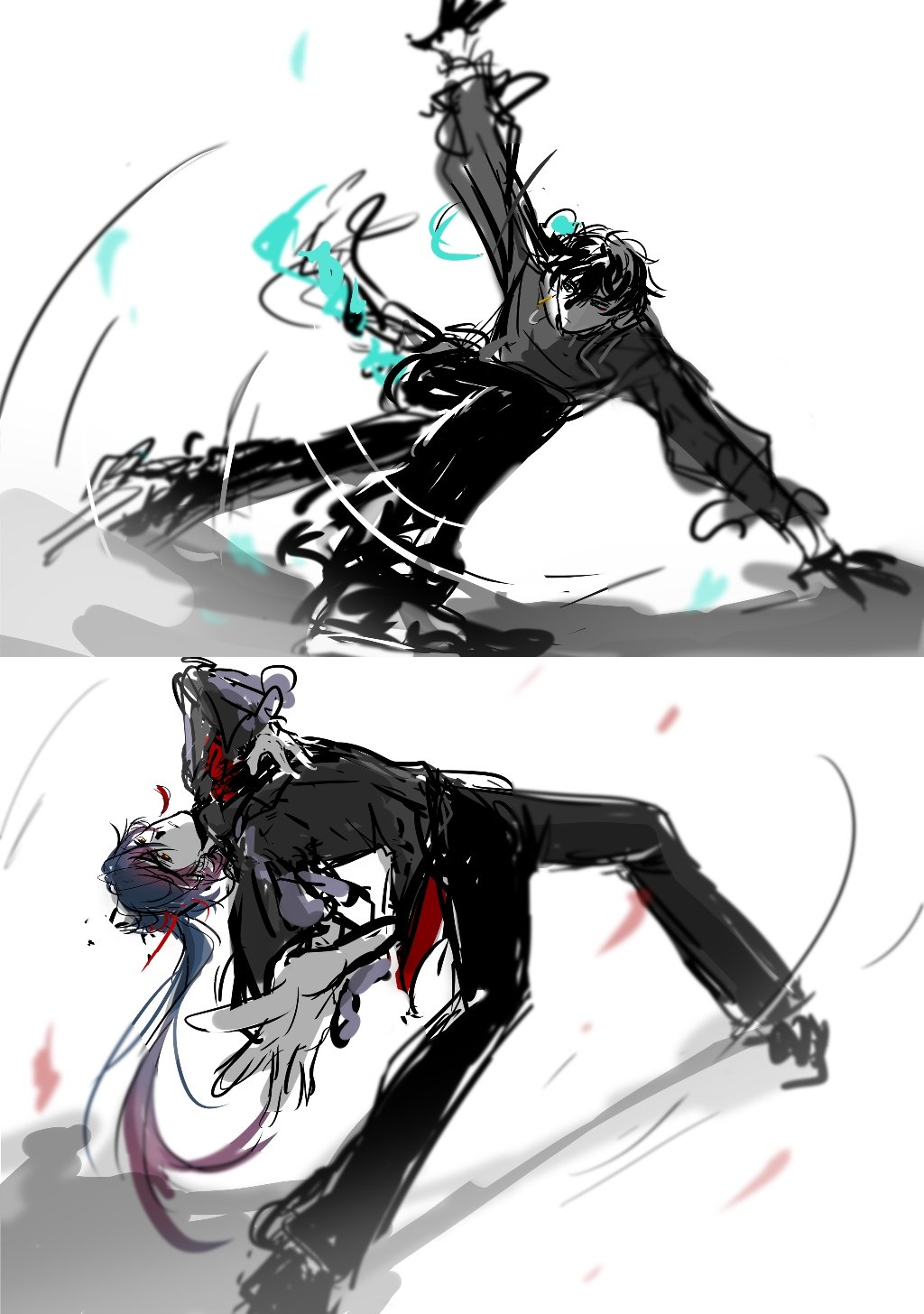 the image shows a black and white sketch of two anime characters midbattle. the first character is a man who is in midair as he throws a strike towards the second character. the second character is a woman who is crouched down to avoid the strike. the scene is filled with energy and motion blur, giving the feeling of a dynamic action sequence.