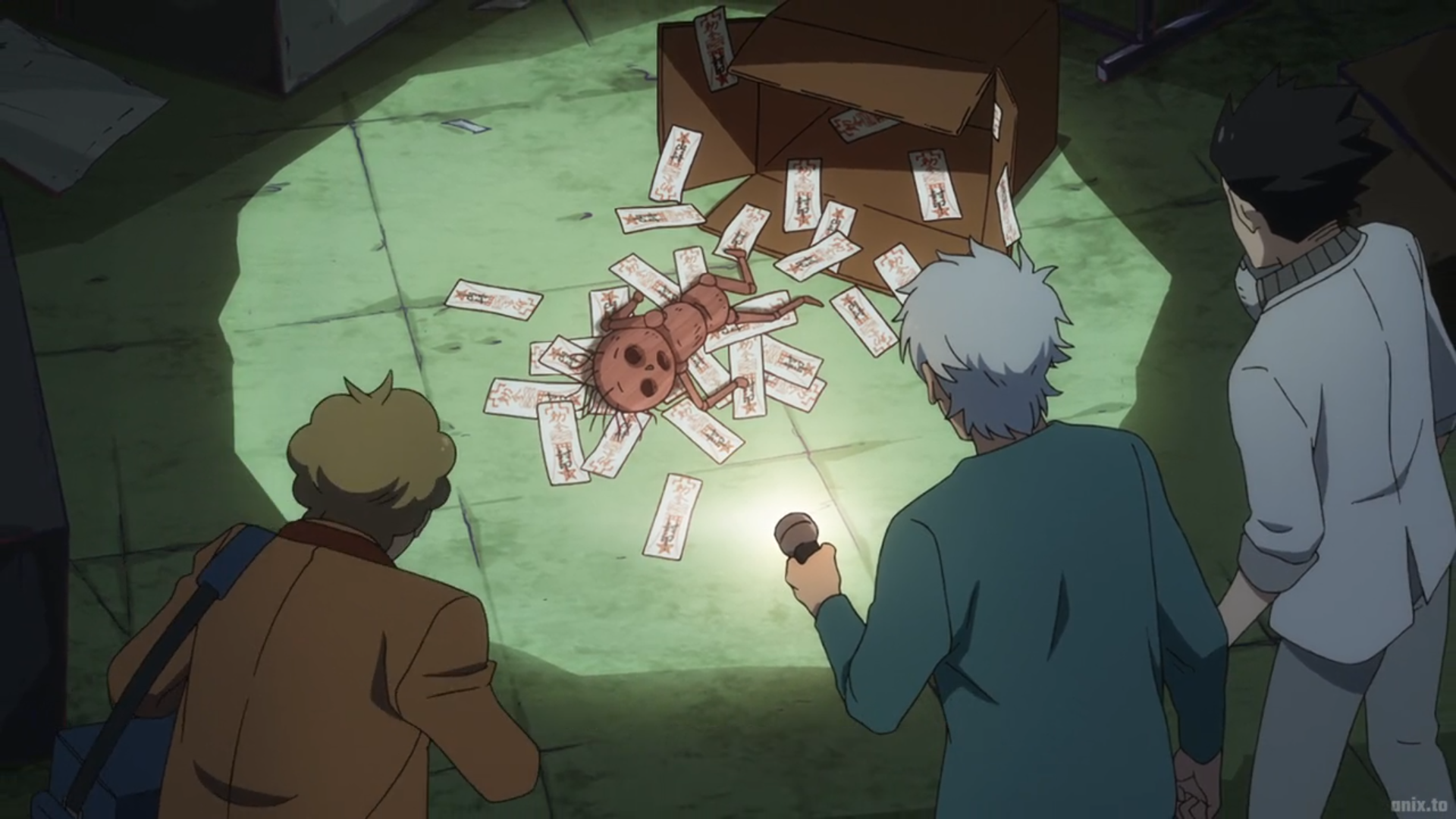 the image depicts a group of three men gathered around a crime scene in a dark alleyway. the scene is illuminated by a flashlight, casting long shadows and creating a sense of suspense. the focus is on a small, deceased figure lying on the ground amidst scattered papers or cards. the men, likely detectives, appear to be investigating the scene, their expressions grim and focused.  the overall atmosphere is one of mystery and intrigue.