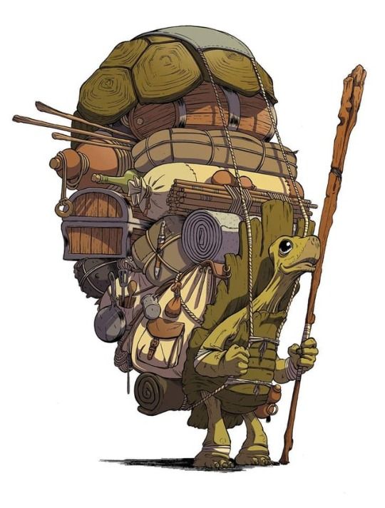 an illustration of an anthropomorphic turtle carrying a massive load on its back. the turtle, depicted in a cartoon style, has a humanlike posture and is burdened with an assortment of items secured on its shell like a backpack. it's holding a wooden walking stick in its hand, suggesting a journey or expedition. the load consists of barrels, rolled mats, sacks, pots, bags, and other various supplies.