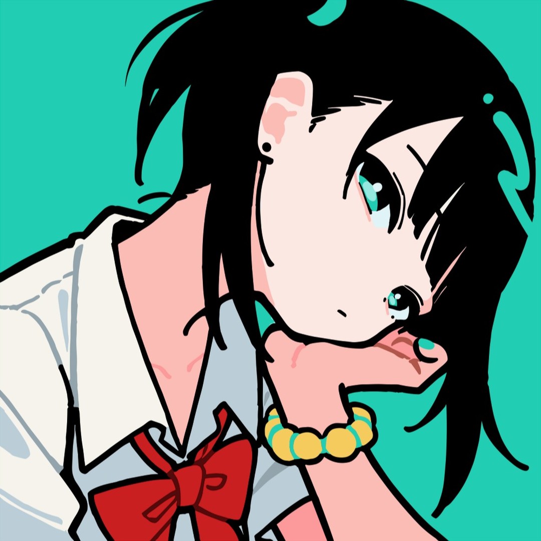 the image is a stylized digital illustration of an animestyle girl. she has long black hair and is wearing a school uniform with a red bow. her expression is pensive, with her hand resting on her chin. she is wearing a yellow and gold bracelet. the background is a solid teal color. the art style is reminiscent of manga or graphic novels, with bold lines and flat coloring. the overall mood is slightly melancholic but also cute.