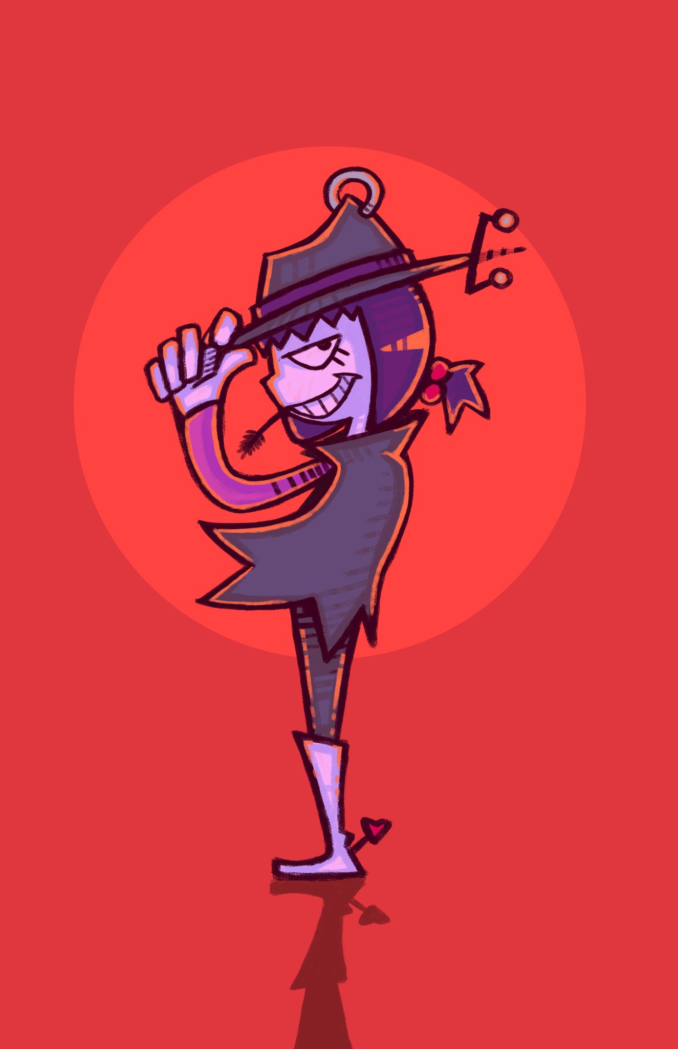 the image features a stylized cartoon character, likely an anthropomorphic animal, with purple skin and black hair. they are fashionably dressed in a long coat, boots with heart accents, and a fedora with a monocle attachment. the character is striking a playful pose, tipping their hat with a gloved hand and smirking at the viewer. the background is a bold red with a large orange circle behind the character, giving the impression of a setting sun and creating a dramatic spotlight effect.