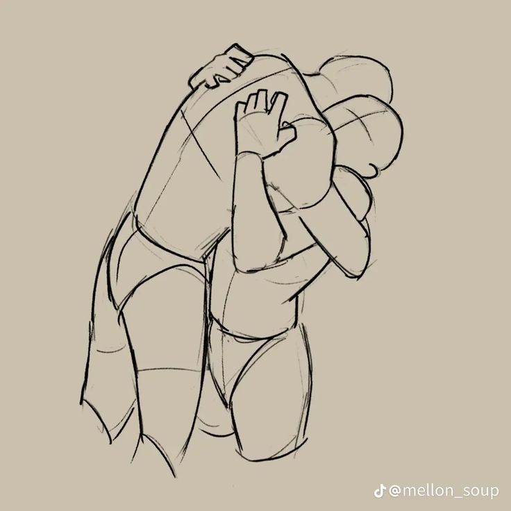 a sketch of two people hugging each other tightly. the person on the bottom has their arms wrapped around the person on top, who is leaning against the bottom person's shoulder and holding onto their arm. the drawing is simple, with only black lines on a light brown background, but it effectively conveys the intimacy and affection of the hug.