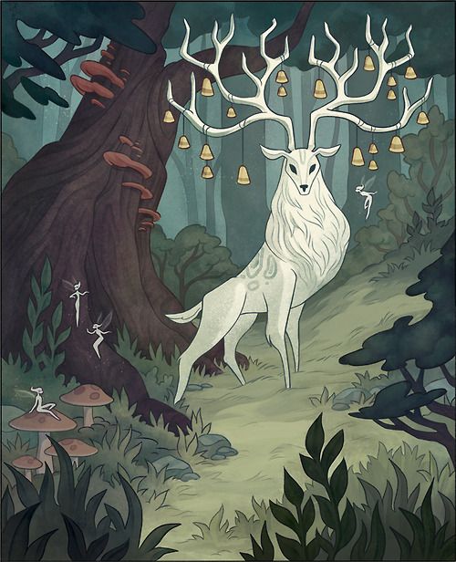 an illustration depicts a tall, white deer with elaborate antlers adorned with golden bells, standing in a whimsical forest. the forest includes a large, dark tree with fungi growing on its trunk, mushrooms, and small fairy figures floating around. the overall tone is magical and mysterious.