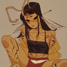 the illustration features a stylish humanoid character with distinct insectlike features. she is depicted with large black eyes reminiscent of a wasp, long black hair, and delicate, translucent wings. her skin is a warm, tanned color, accentuated by intricate markings resembling tattoos that hint at her insectlike nature. she strikes a casual, confident pose, showcasing her unique fashion sense  a mix of edgy and comfortable with a cropped black top, red athletic shorts, and a loosefitting yellow jacket. the soft lighting and warm color palette contribute to the overall alluring and slightly mysterious aura of the artwork.